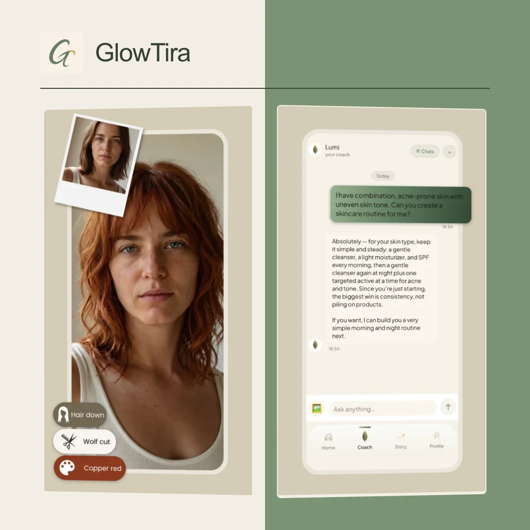 Original GlowTira product imagery showing hair try-on and the Lumi assistant