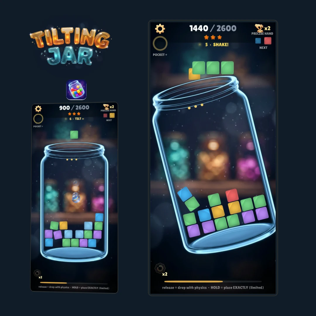 Real Tilting Jar gameplay screens with the jar, colored blocks and physics-based puzzles