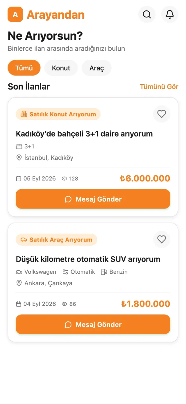 Arayandan Mobile arayüzü 1