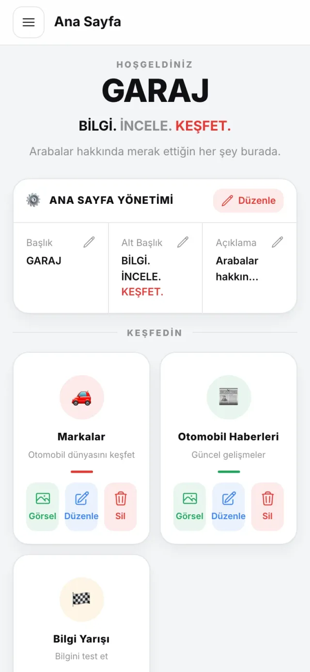 Garaj Yönetim mobil arayüzü 1