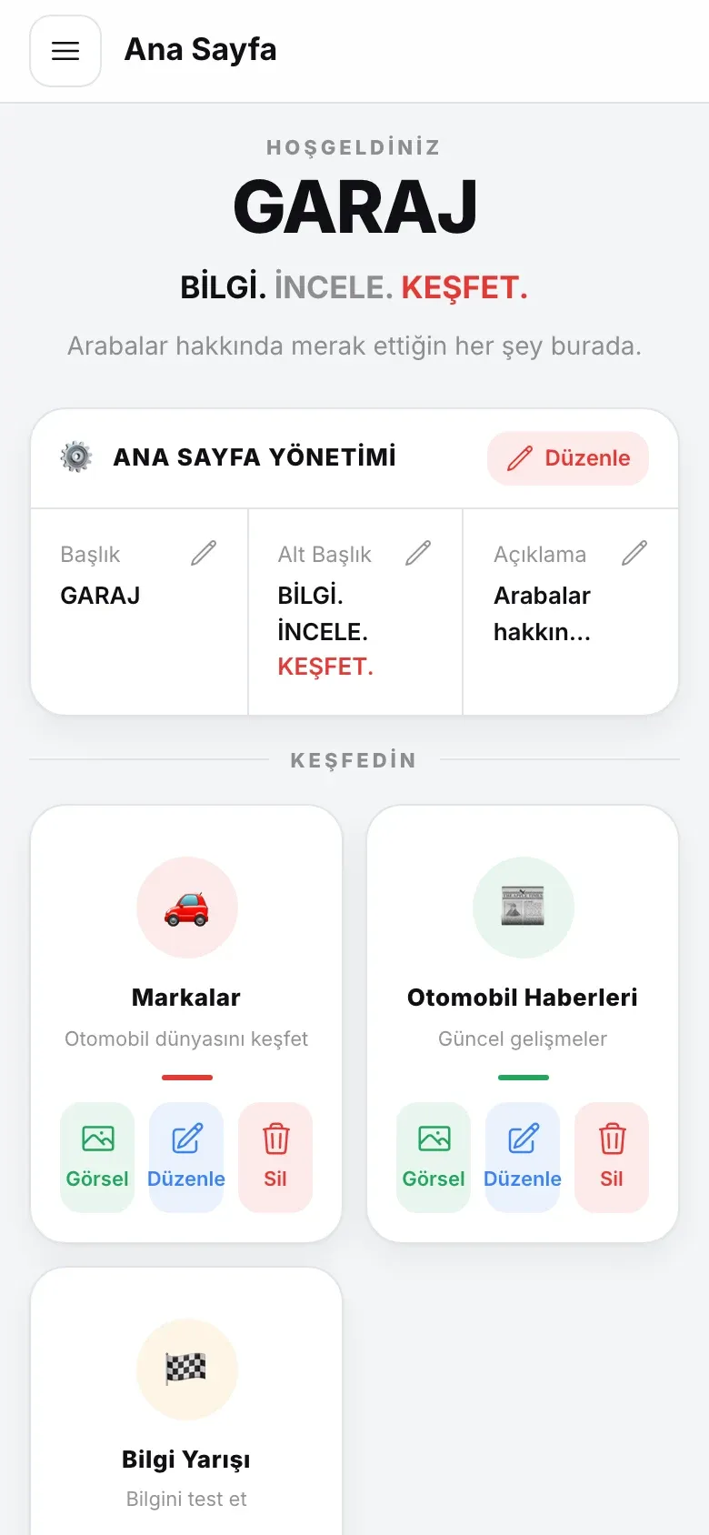 Garaj Yönetim — arayüz 2