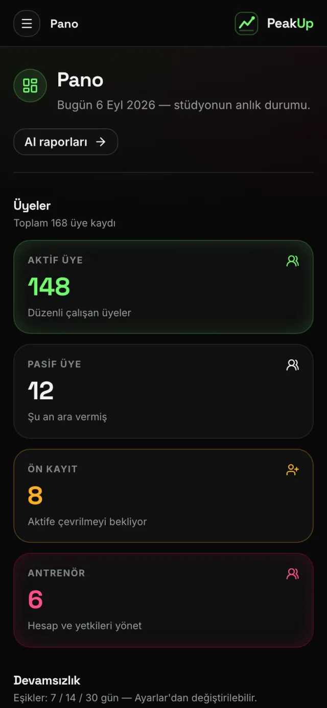 PeakUp Yönetim mobil arayüzü 1