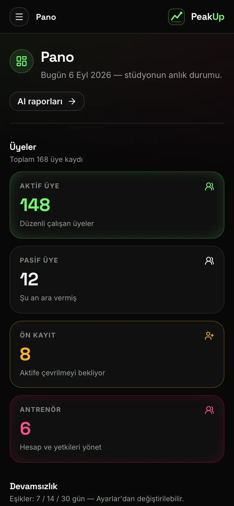 PeakUp Yönetim — arayüz 2
